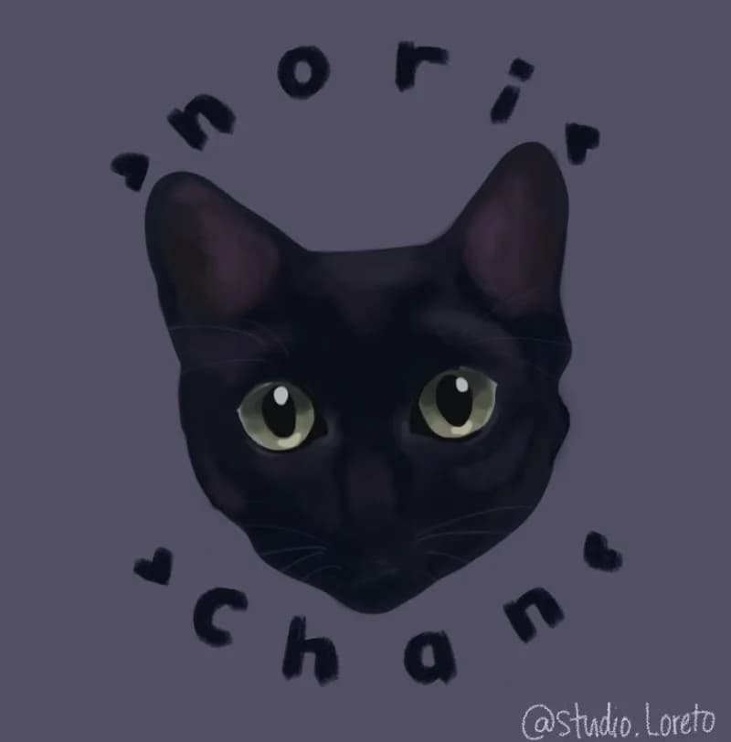 Portrait illustration of a black cat with green eyes