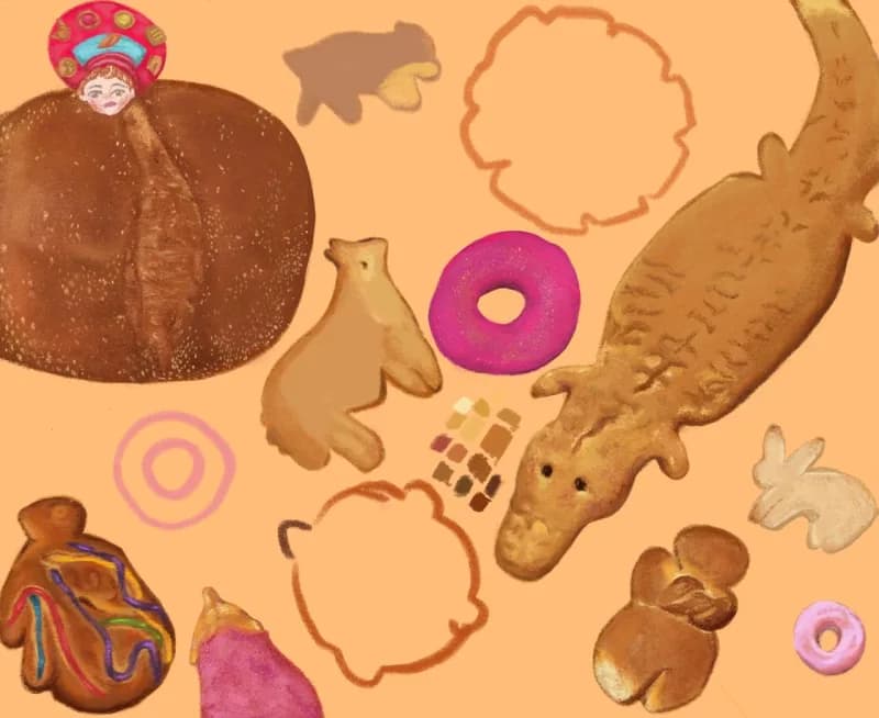 Whimsical illustration of Mexican sweet bread and animals
